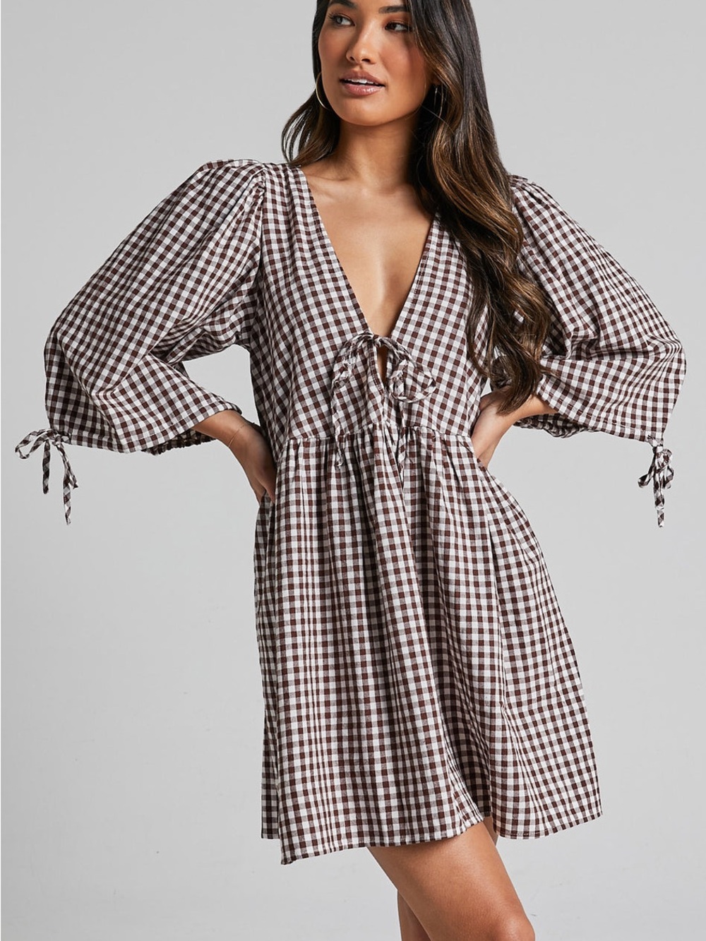 Showpo Brown and White Gingham Dress Label Close-Up